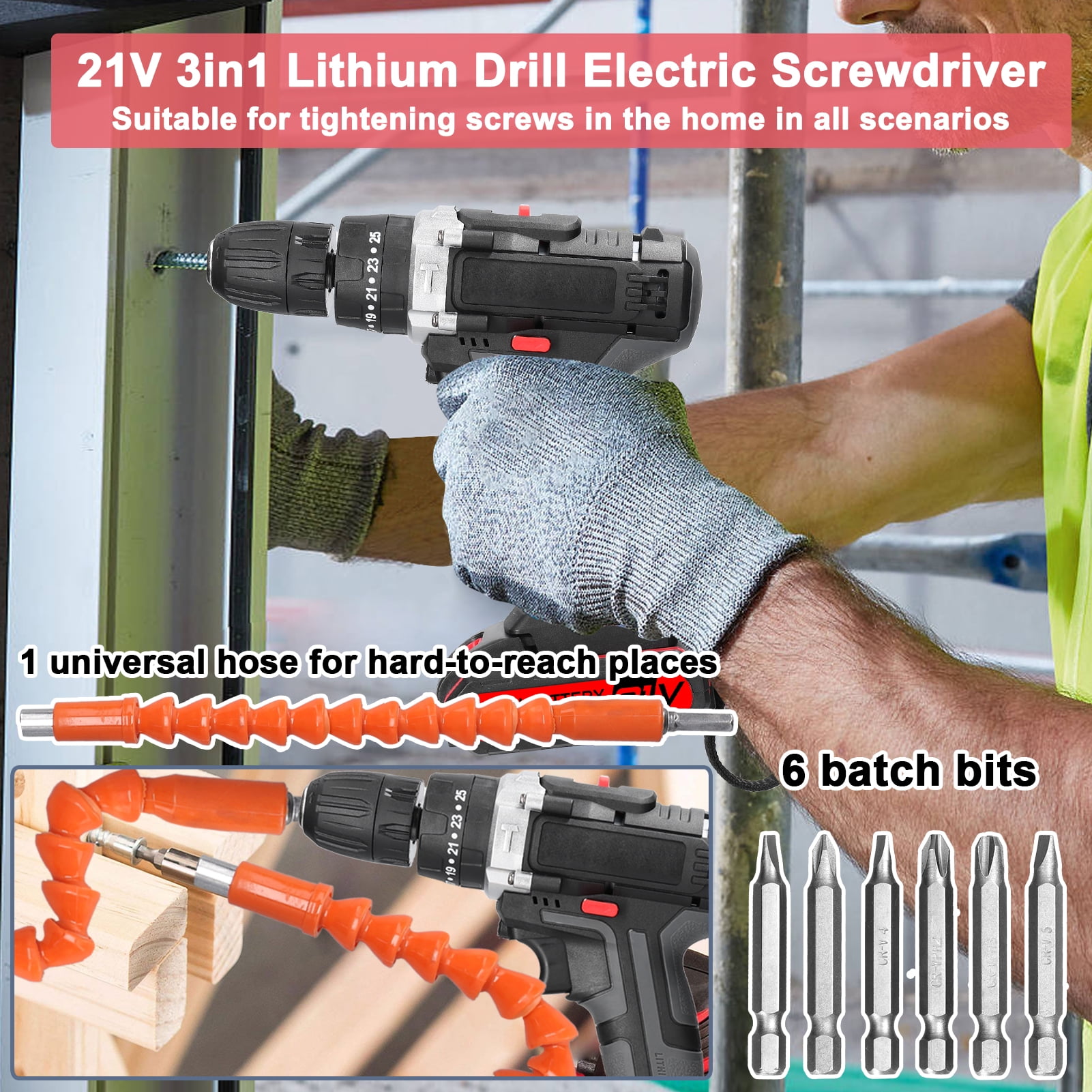 21V Cordless Power Drill Set, Electric Power Drill 24Pcs with 2 Lithium-ion Battery and Charger, 2-Speed Transmission For Screwdriving And Drilling,Black