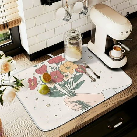 

Yayeee Drying Mat for Kitchen Counter Dishes Microfiber Coffee Decorative Pad Beige Cute Flower