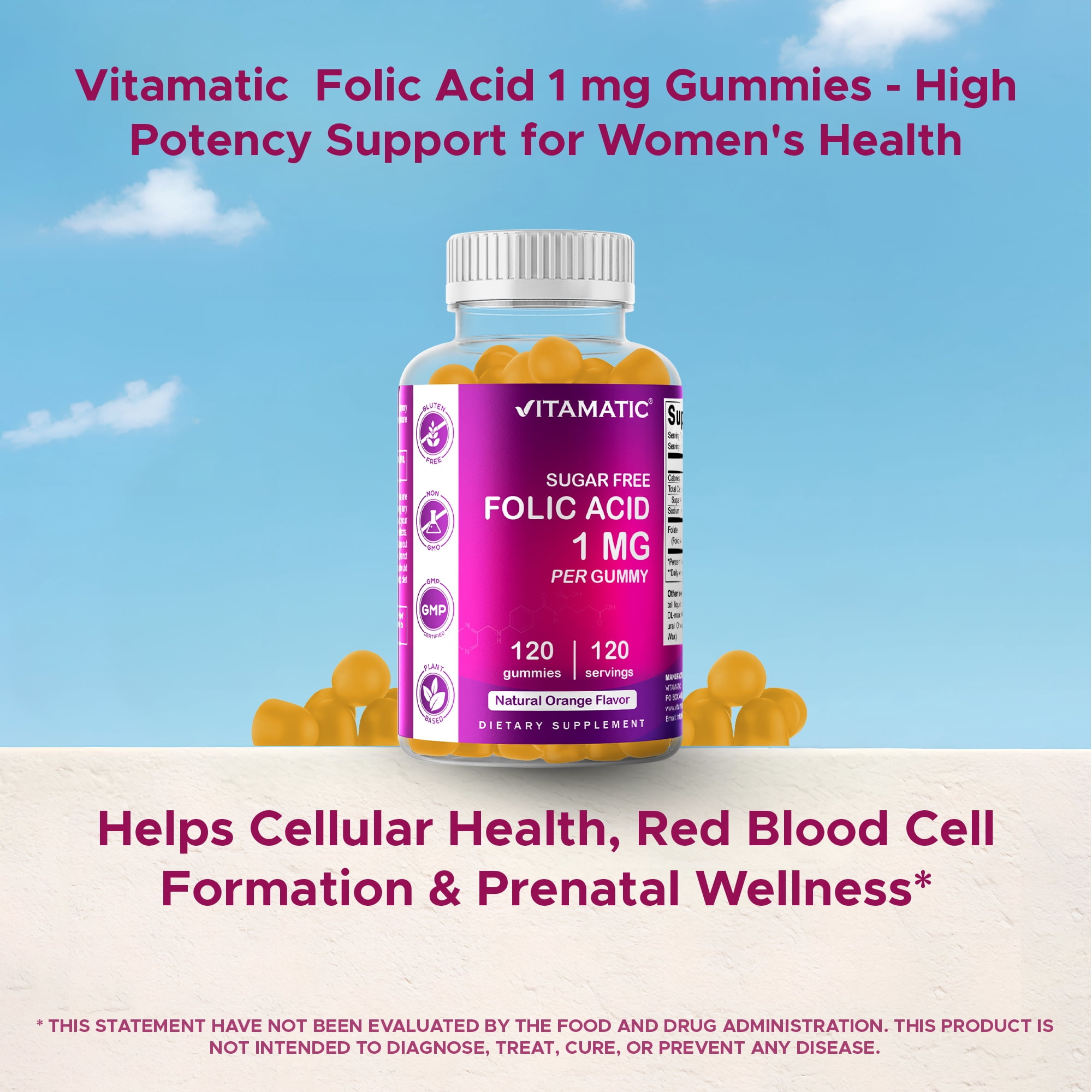 2 Pack Vitamatic Folic Acid Gummies 1000 mcg (1 mg) - an Essential Prenatal Vitamins for Mom & Baby - Vitamin B9 - 120 Vegan Gummies