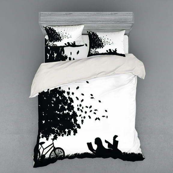 Ambesonne Black and White Bedding Set 4 Pcs, Girl with Bike, Queen, Black and White