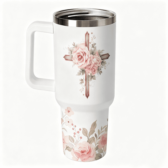 Large 40 oz Floral Wooden Cross Insulated Tumbler, Stainless Steel, with Handle and Straw, for Outdoor Drink and Christian Gifts