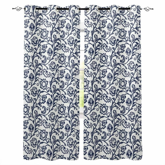 Fsddascl Navy Blue Floral Blackout Curtains for Bedroom/Living Room, Thermal Insulated Kitchen Curtains, Vintage Art Flowers Pattern Grommet Darkening Window Treatment Drapes 42"x84"x2