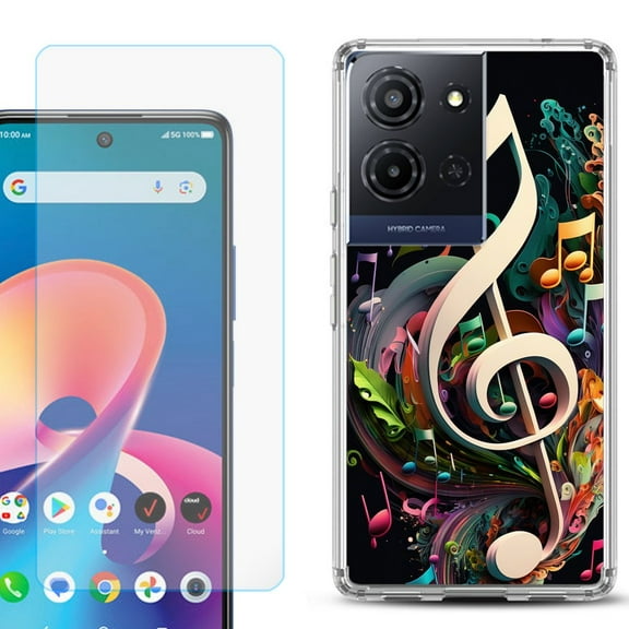 For TCL K32 5G Protective Shockproof Phone Case with Tempered Glass Screen Protector, by OneToughShield - Music Notes Colorful