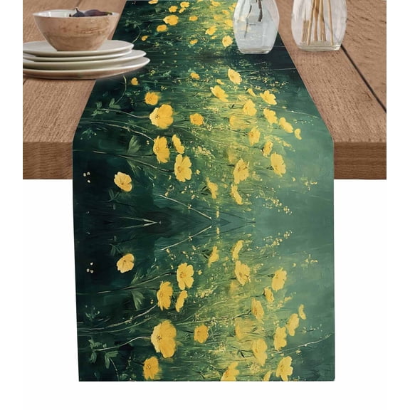 Hokiten Table Runners 36 Inches Long Dress Scarves, Spring Floral Farmhouse Kitchen/Dining Table Runner, Short Coffee Tablerunners, Yellow Green Pastoral Botanical Oil Painting 13x36 Inch