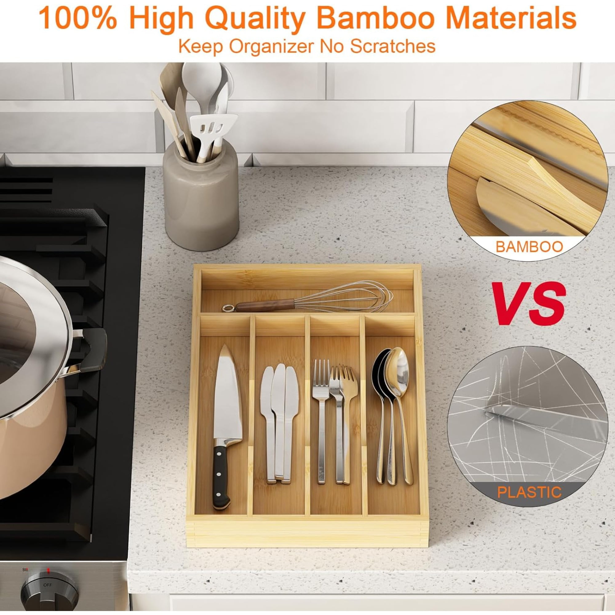 Bamboo Kitchen Drawer Organizer for Utensils, Silverware & Cutlery — Wooden Flatware Tray with 5 Compartments, Drawer Divider for Kitchen Storage
