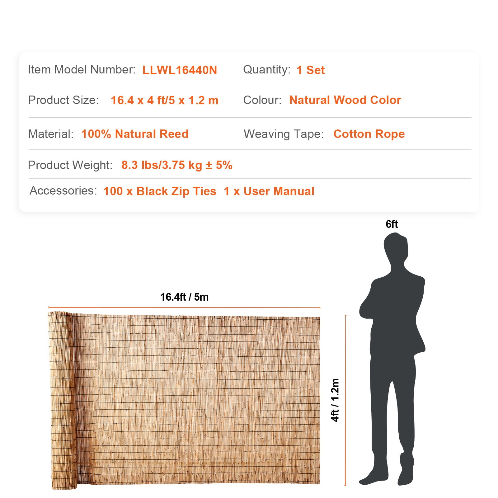 KFFKFF Natural Reed Fence Roll, 4 ft x 16.4 ft, Decorative Screen for Outdoor Spaces, Privacy Divider for Garden, Patio, and Backyard