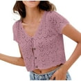thumbnail image 2 of Womens Fall Cardigan New Women Tie Front Crochet Tops V Neck Button up Short Sleeve Knitted Sweaters Lightweight Hollow Cardigan Purple M, 2 of 7
