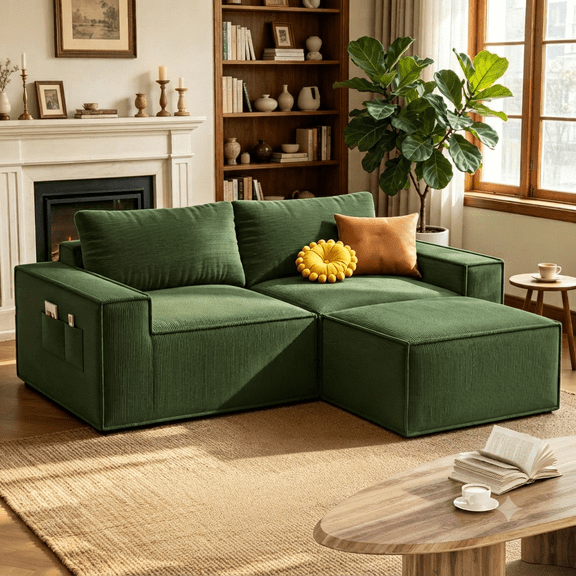 80.3''L Boneless Loveseat, Lofka Modern Corduroy Couch with Wide Armrests, Upholstered Deep Seat Fluffy Loveseat with Ottoman, No Assembly Needed, Green Sofa
