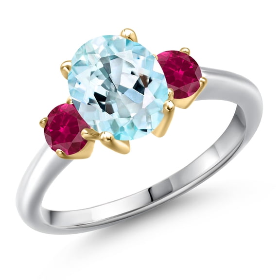 Gem Stone King 10K Two Tone Gold Sky Blue Topaz and Red Created Ruby Engagement Ring for Women | 2.50 Cttw | Oval 9X7MM | Gemstone November Birthstone | Size 9