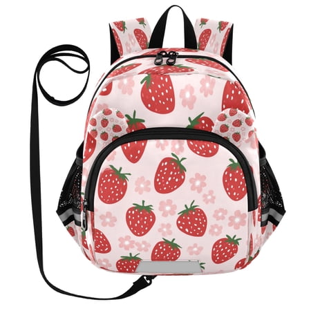 Kid s Toddler Backpack with Safety Leash Lightweight Bookbag with Reflective Strips Red Strawberry and Flower Small