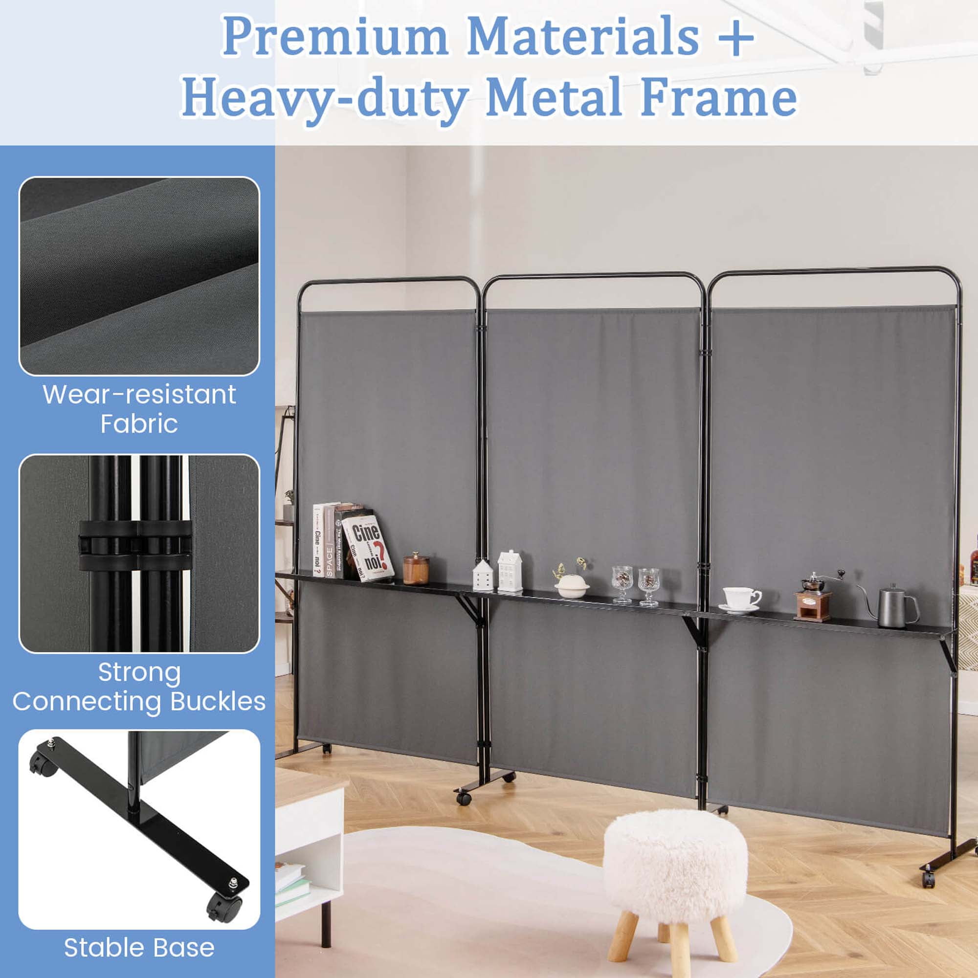 Costway 3-Panel Room Divider with Storage Shelves 6FT Tall Folding Privacy Screen on Wheels Gray