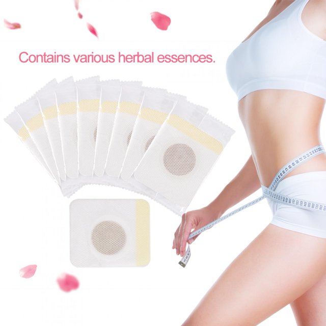 40 uds medicina tradicional china pegatinas para el ombligo parches adelgazantes para el abdomen (versión coreana) ecomeon no, paquete con múltiples parches blancos cuadrados con núcleo circular beige en sobres individuales, mostrados en abanico junto al torso femenino con ropa interior blanca y cinta métrica alrededor de la cintura sobre fondo claro.