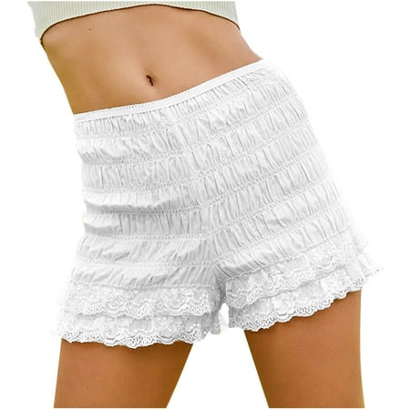 Besolor Womens Ruffle Lace Trim Bloomers Smocked Mini Shorts Cute Frill Ruched Pj Bottoms Pajama Shorts Sleepwear