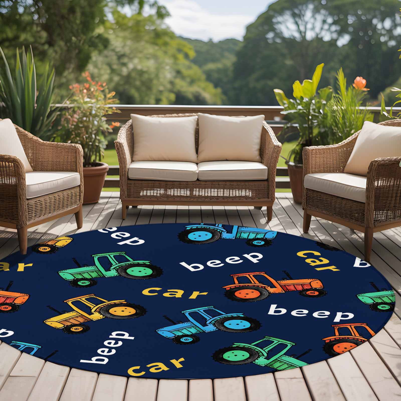 Cartoon Tractor Round Area Rug 6Ft Washable Circle Rugs for Bathroom Office, Cute Beep Car Digger Shovel Truck Navy Blue Non-Slip Carpet Floor Mats Indoor Outdoor Carpet Runner Aesthetic Home Decor