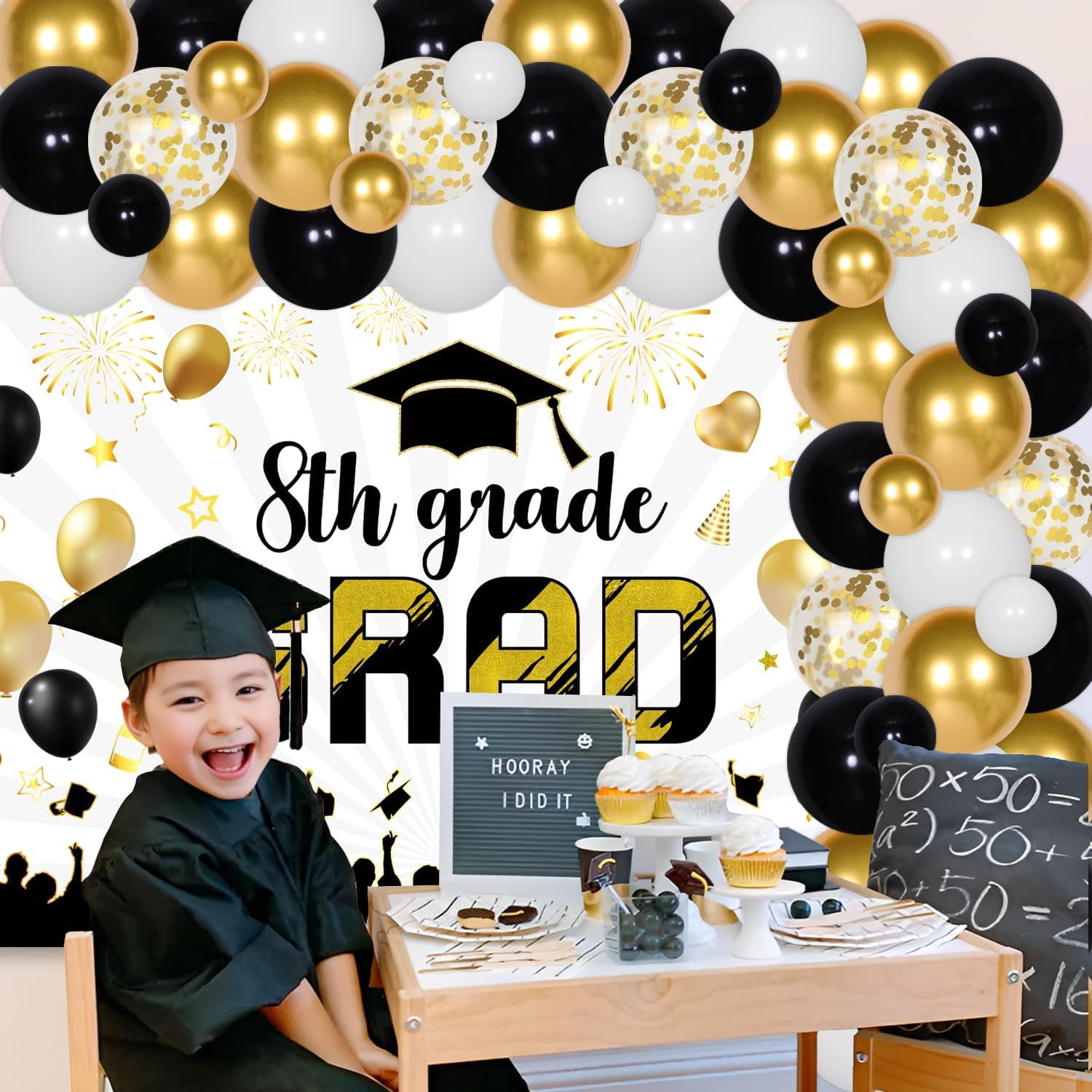 79Pcs Black Gold 8th Grade Graduation Decorations 2024 - 8th Grade Grad Backdrop Black Gold Balloon Garland Arch Kit for Boy Girl Kids Class of 2024 Eighth Grade Graduation Party Supplies