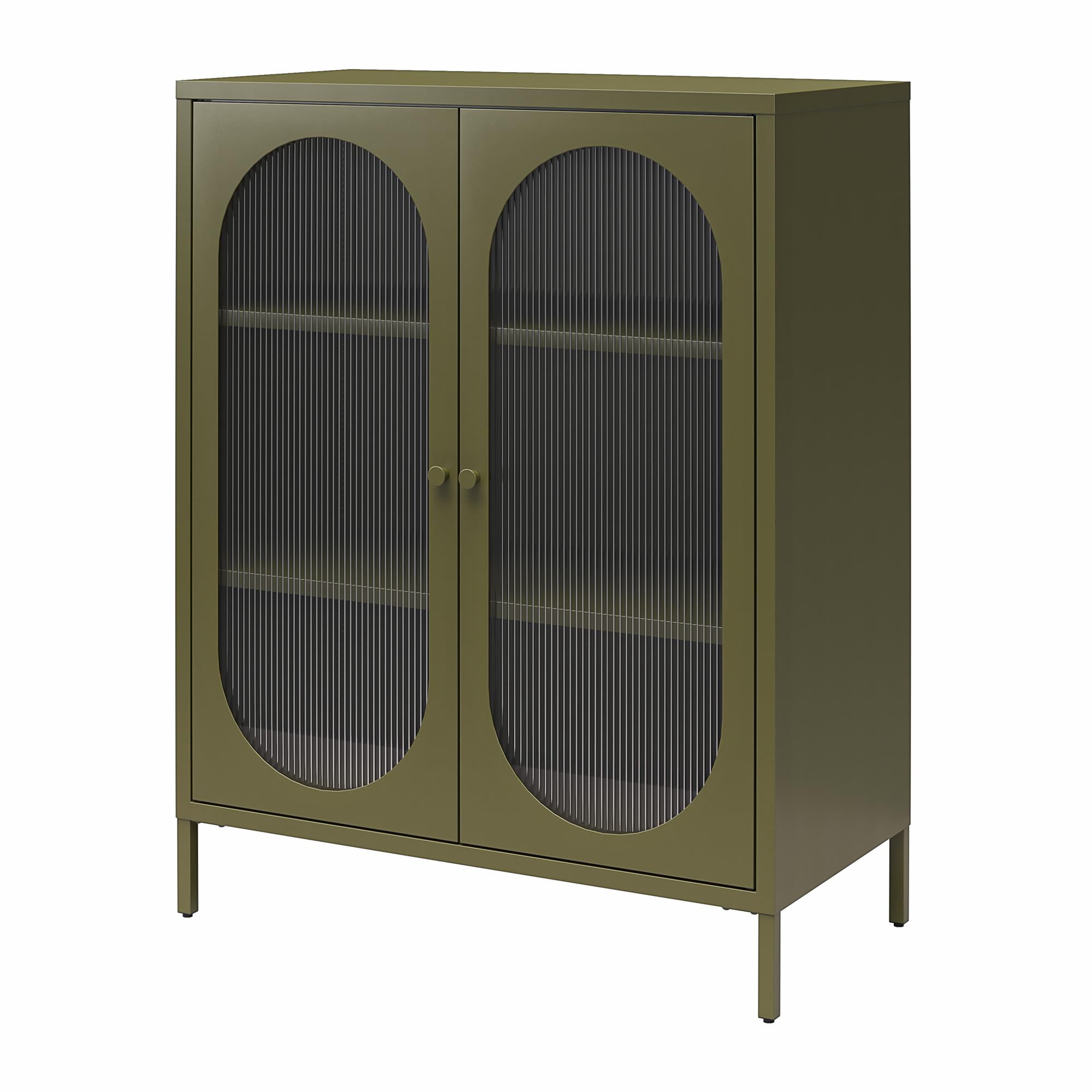 Mr. Kate Luna Short 2-Door Metal Accent Cabinet with Fluted Glass, Olive Green