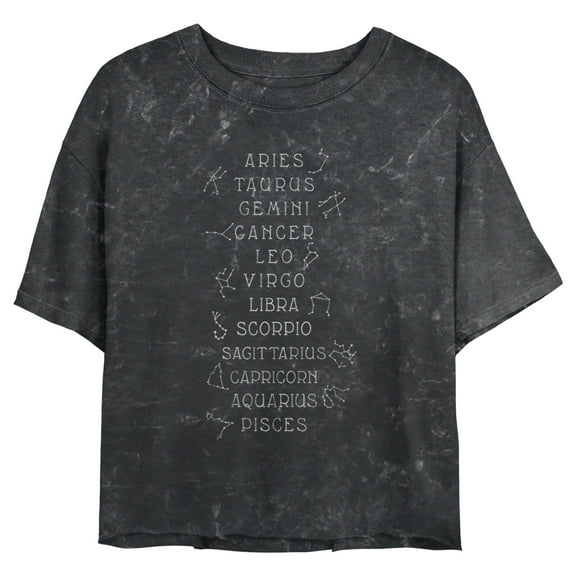 Junior's Lost Gods Zodiac Sign List Graphic Crop T-Shirt Black X Large