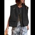 thumbnail image 1 of Chaleco Informal con Cremallera para Mujer, Estilo Cargo, Extragrande, con Dobladillo Fruncido, Sin Mangas, Chaquetas y Tops. Negro S, 1 of 7