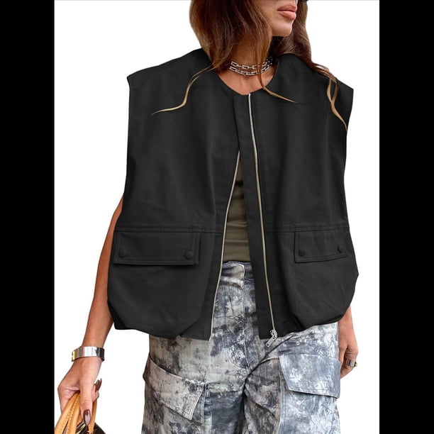 Chaleco Informal con Cremallera para Mujer, Estilo Cargo, Extragrande, con Dobladillo Fruncido, Sin Mangas, Chaquetas y Tops. Negro L