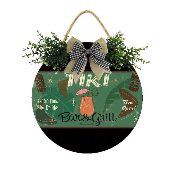 Eveokoki Tiki Bar And Grill Front Door Sign Funny Wreaths Hanging Wooden Plaque Decoration Round Rustic Wood Farmhouse Porch Decor for Home Front Door Decor, 12 x 12 Inch