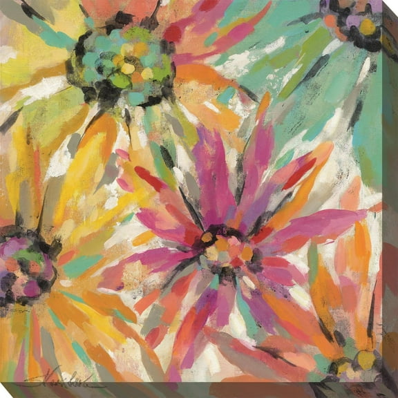 Outdoor Living and Style Yellow and Purple Perky Petals Outdoor Canvas Square Wall Art Decor 24" x