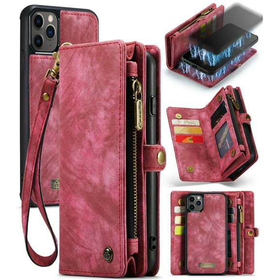 CaseMe Leather Case for iPhone 11 Pro Max,2 in 1 Detachable Wallet Case with 8-Card Holder Zipper Bills Slot,Magnetic Shockproof Flip Leather Cover Zipper Pocket Phone Cases,Red,For iPhone 11 Pro Max