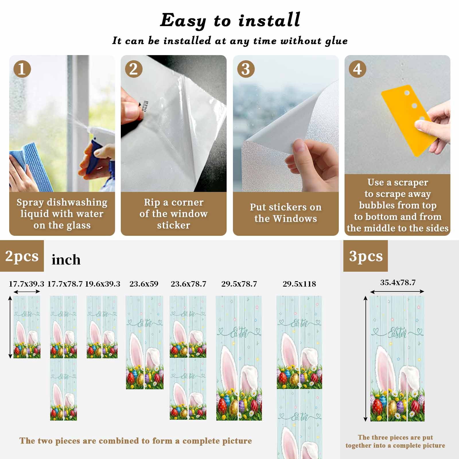 Easter Bunny Window Privacy Film, Watercolor Rabbit Colored Eggs Spring Country Leaf Wood Grain Frosted Glass Window Clings Static Cling UV Heat Blocking Reusable Sticker for Bedroom 23.6x59 Inch