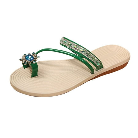 

YUHAOTIN Female Womens Dress Sandals Low Heel Wedge Ladies Fashion Summer Solid Color Leather Rhinestone Toe Straw Woven Flat Slippers Womens Sandals Comfortable Dressy Flatform Sandals for Women