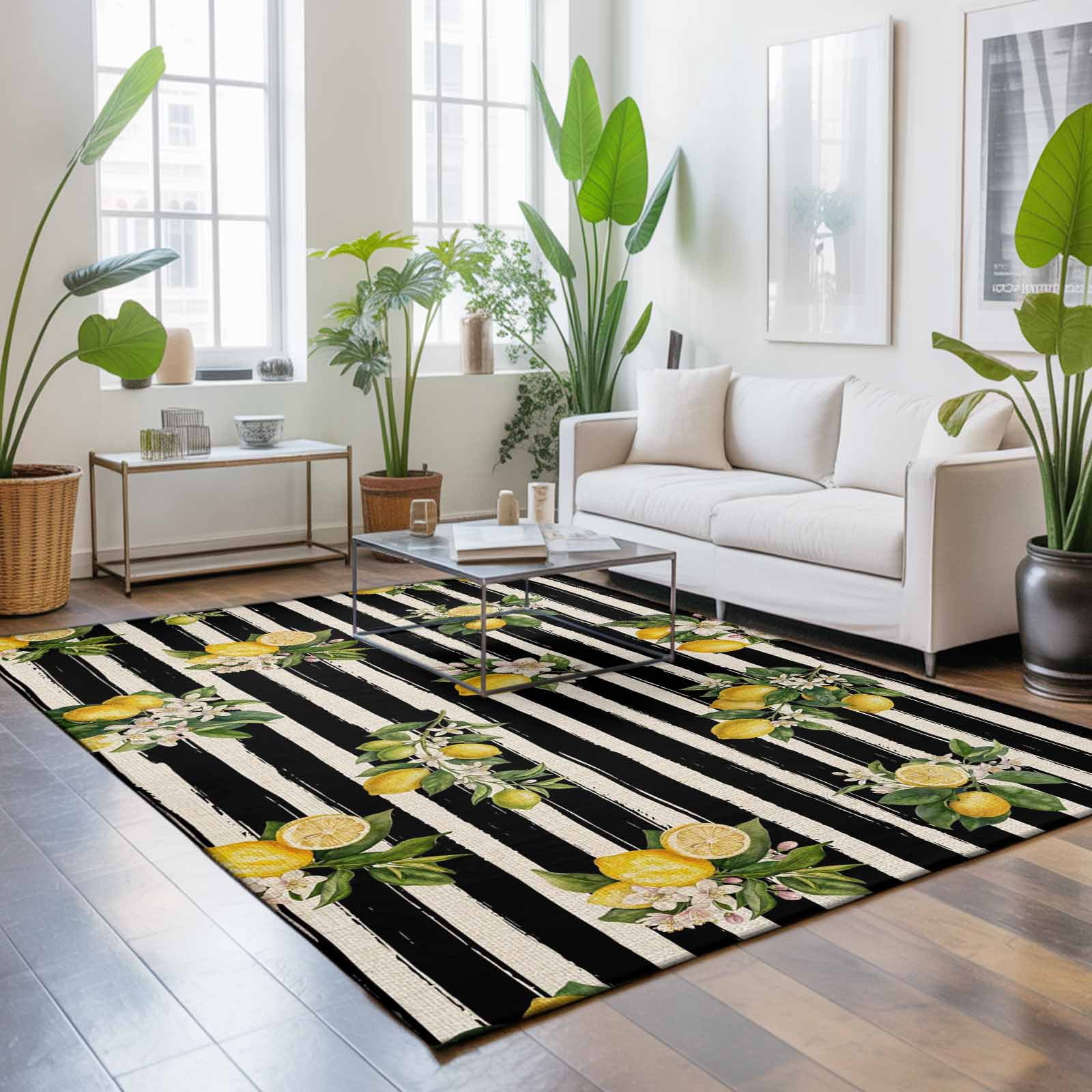 Large Area Rugs 8'x10', Summer Lemons Carpet Runner Indoor Outdoor Rugs Home Decor Aesthetic, Vintage Fruits Flowers Black Striped Non Slip Mats Washable Accent Rug for Living Room Bedroom