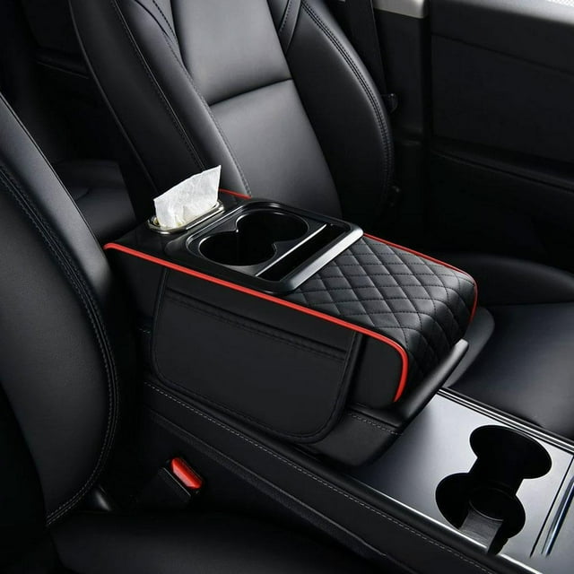 Multifunctional PU Leather Car Armrest Storage Box & Organizer, Height Increasing Console Pad with Cup Holder, Paper Towel Dispenser, Side Pockets for Vehicle Interior