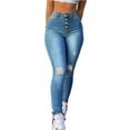 thumbnail image 6 of Women'S Light Blue High-Waisted Ripped Jeans Multiple Buttons Distressed Design Fashionable Trousers With Slim Fit Skinny Jeans, 6 of 7