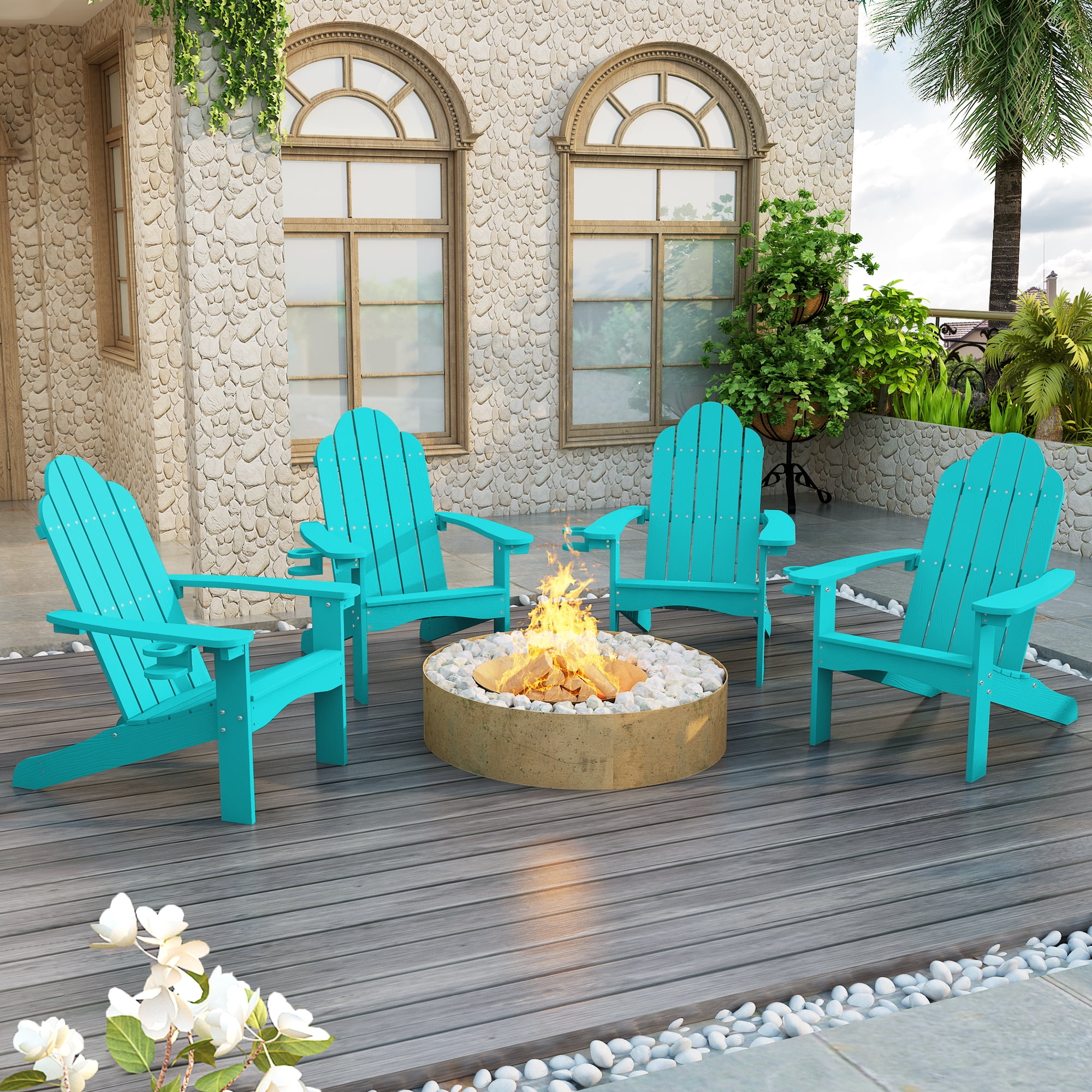 Dycanpo Adirondack Chairs Set of 6 with Cup Holder, 300lbs Weather Resistant, Aruba Blue