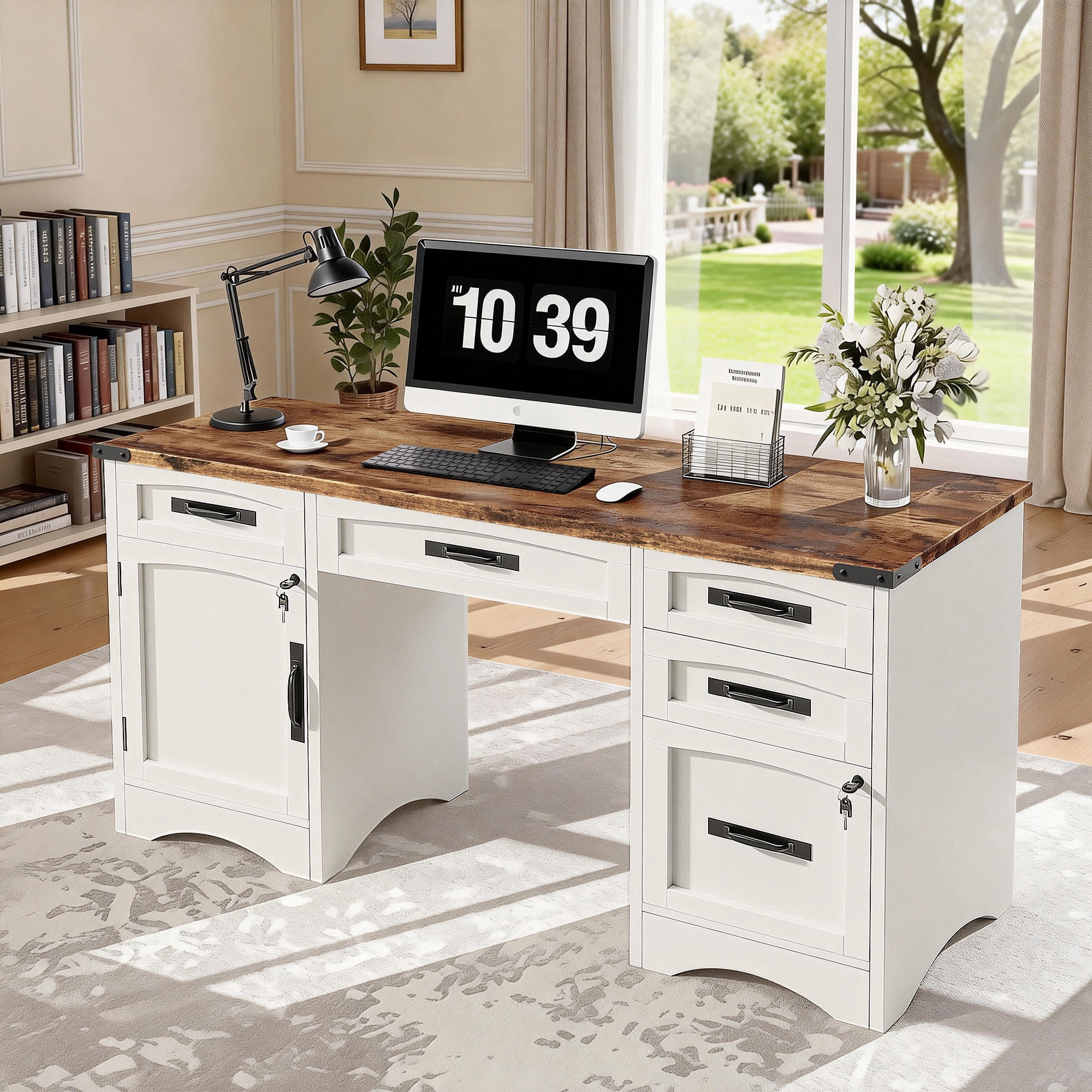 Easoger 55" Farmhouse Executive Desk with 5 Drawers and Lockable File Cabinet, Built-in Power Outlets, Sturdy Computer Writing Desk for Home Office,White