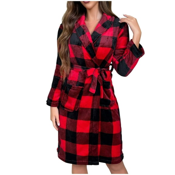 Bcresic Clearance Womens Sleepwear Flannel Plush Bathrobes Plaid Loungewear Knee-Length Robe Winter Warm Pajamas Soft Fuzzy Bathrobe Lapel Nightgowns with Pocket Saving,Red,Medium