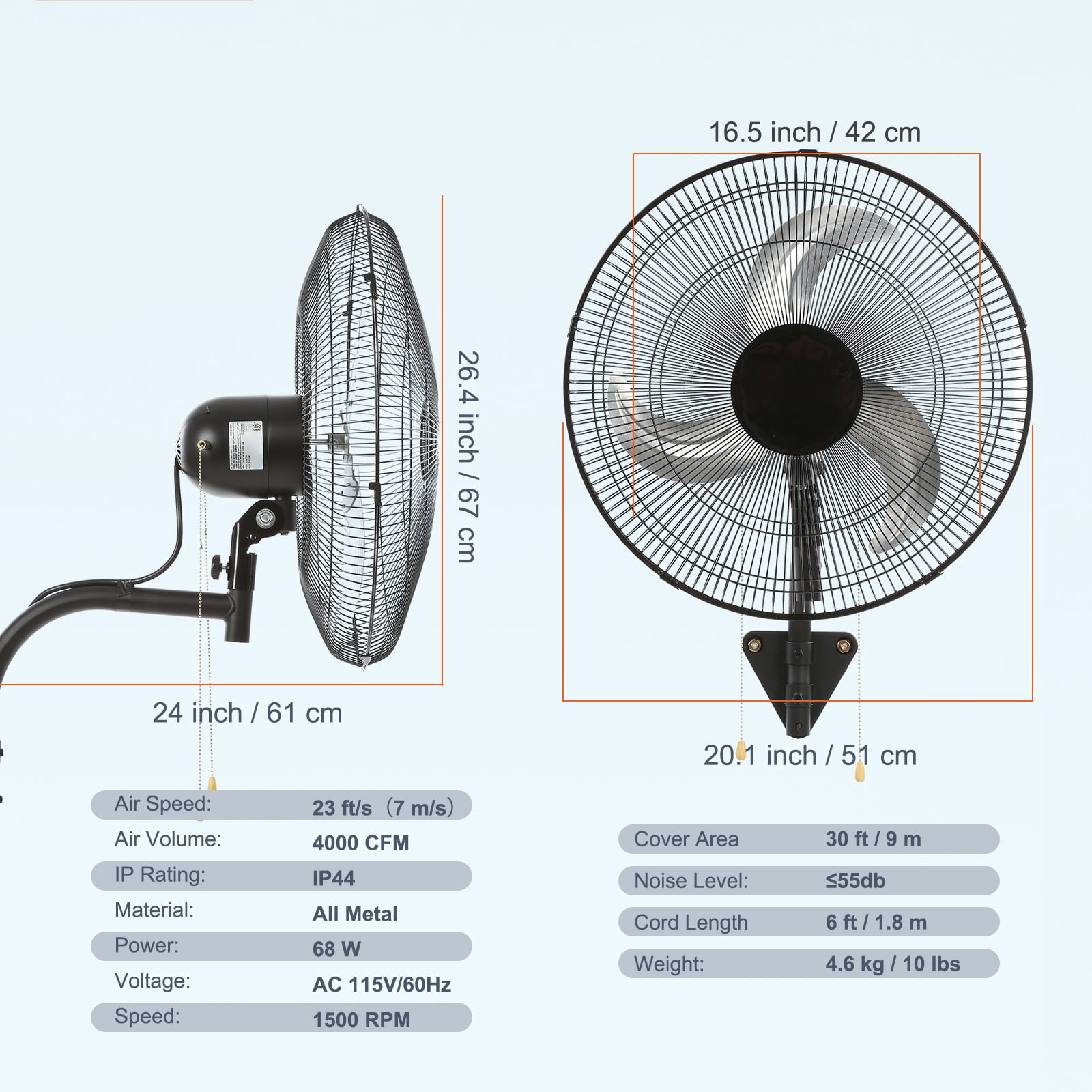 BENTISM Industrial Wall Mount Fan Oscillating Metal Fan 17.5'' 3 Speed Ventilation