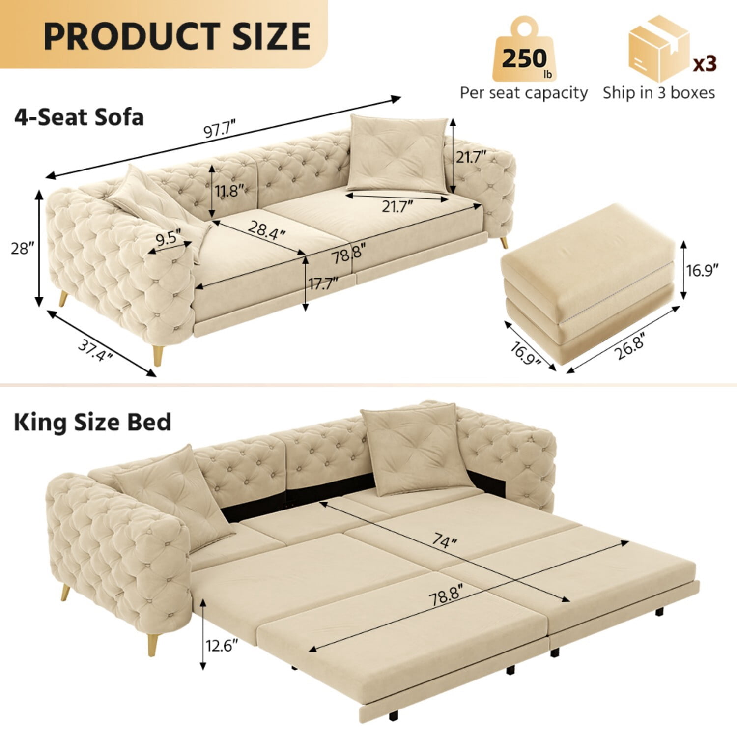 avobird 97" Overside Convertible Sofa, 3 in 1 Pull Out Sleeper Sofa Bed with Movable Ottoman, Button Tufted Modern Sofa for Living Room, Apricot