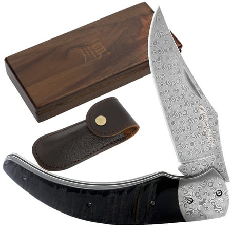 YOUSUNLONG Pocket Knife - Camping Knife Overall 205mm Damascus Steel Black Buffalo Horn Handle