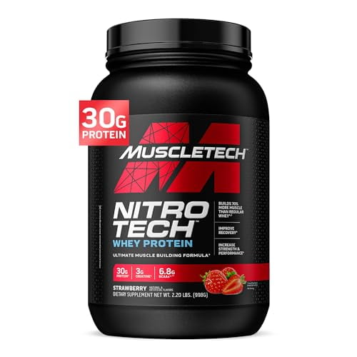 Muscletech Proteína de suero en polvo (fresa, 2,2 libras) - Fórmula de construcción muscular Nitro-Tech con aislado de proteína de suero y péptidos - 30 g de proteína, 3 g de creatina y 6,6 g de BCAA