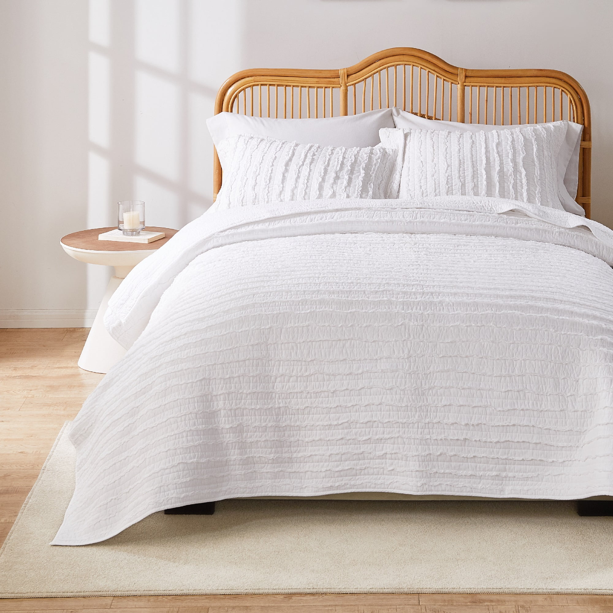 Greenland Home Ruffled 100% Cotton Quilt Set, White Basic Coordinate, 3-Piece King/Cal King