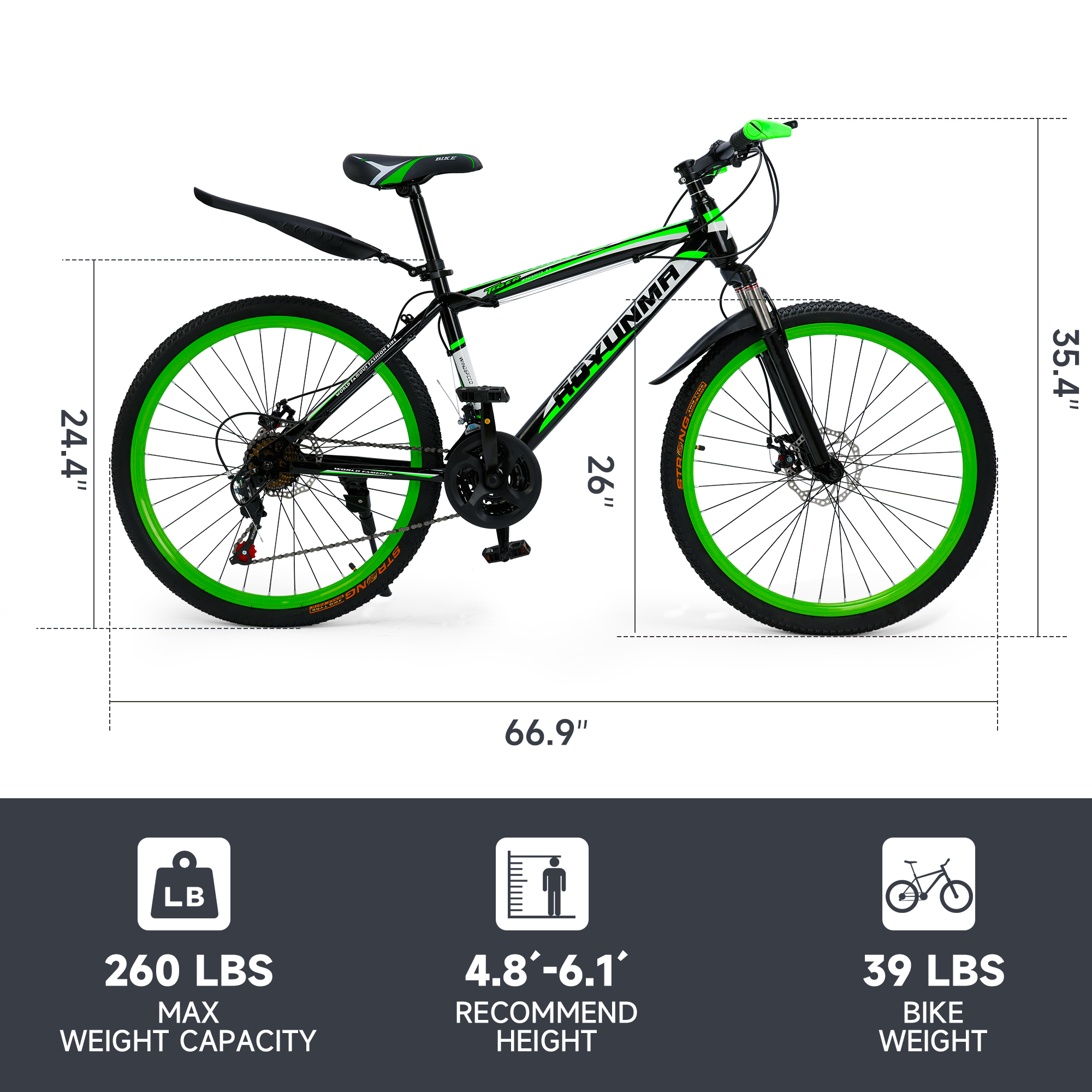 26" Mountain Bike for Men/Women, 24 Speed Shimano Twist Shifting, Front Suspension, Comfort Saddle Red/White/Blue/Green