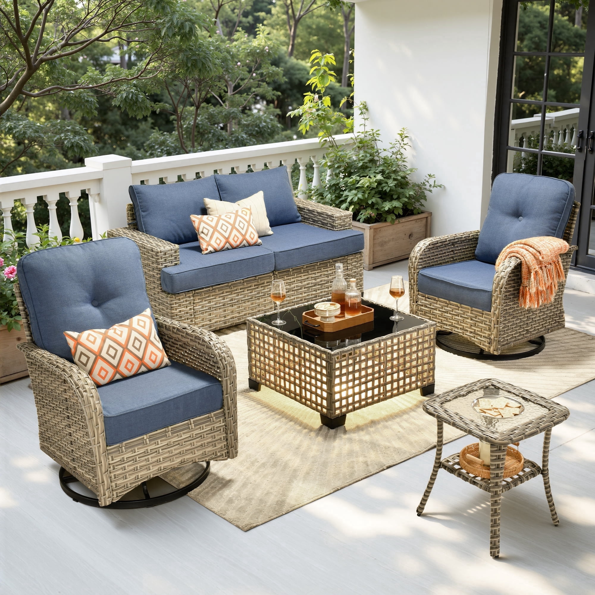 Toject 6 Pieces Patio Furniture Set, All Weather Wicker Patio Conversation Set with Swivel Chairs, Outdoor Furniture for Garden, Denim Blue