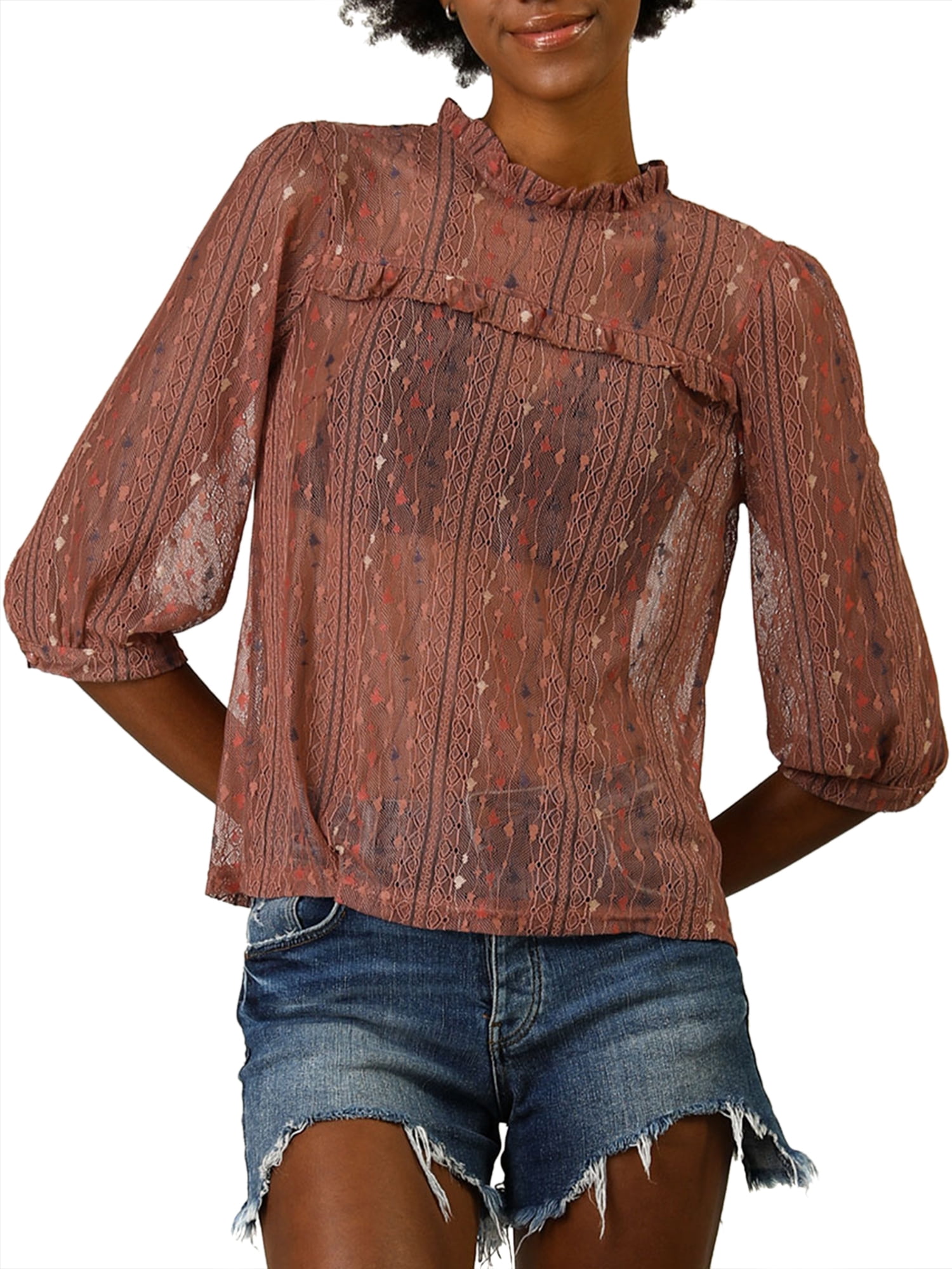 Unique Bargains Women�s 3/4 Sleeves Ruffle Mock Neck