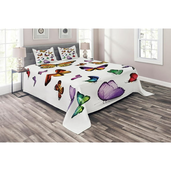 Ambesonne Colorful Quilted Coverlet 3 Pcs, Flying Butterflies, King Size, Multicolor
