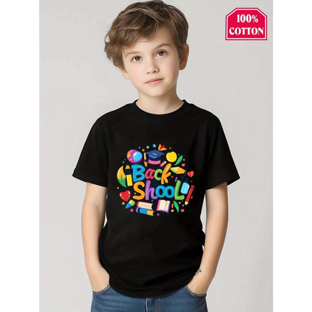 Boys "Back to School" Graphic T-Shirt - Cotton, Breathable & Comfortable, Casual Round Neck Short Sleeve Tee with Colorful School-Themed Print, Youngsters'S Casual Wear | Comfortable Fi