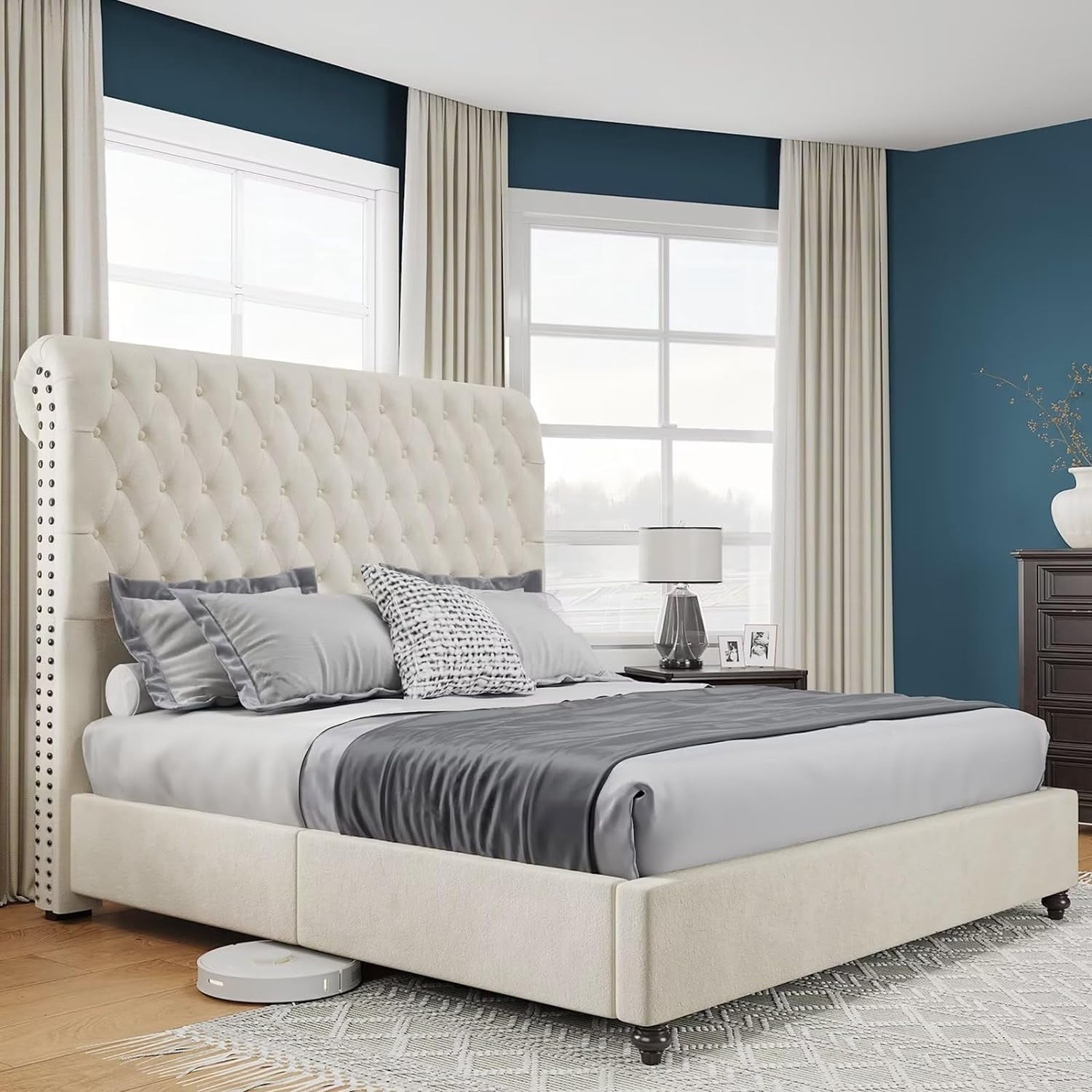 Merluxy Upholstered Queen Bed Frame with Headboard Sleigh PlatformTufted Bed/Cream