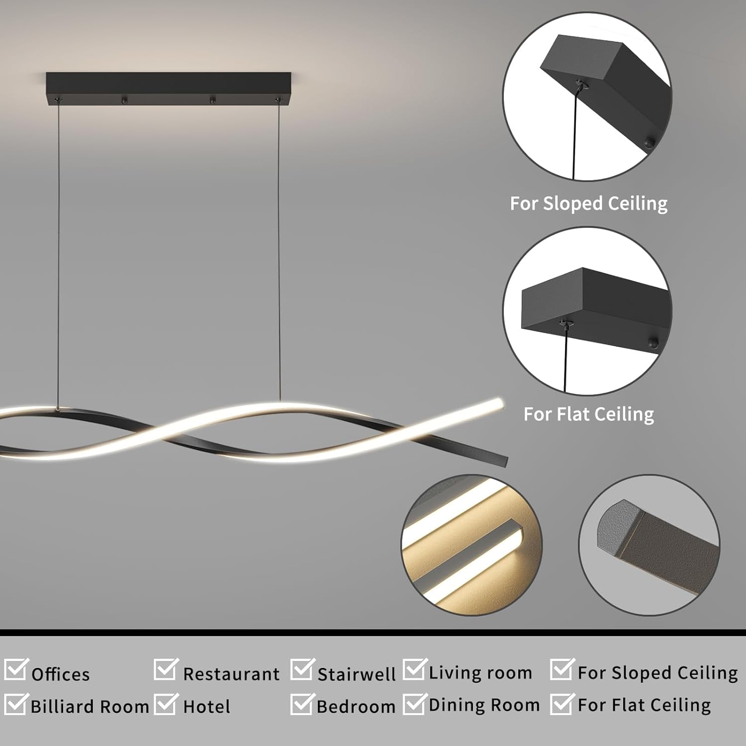 39inch Black Chandelier Modern Ceiling Wave Pendant Light Fixtures Hanging LED Color Temperature and Height Adjustable Chandeliers