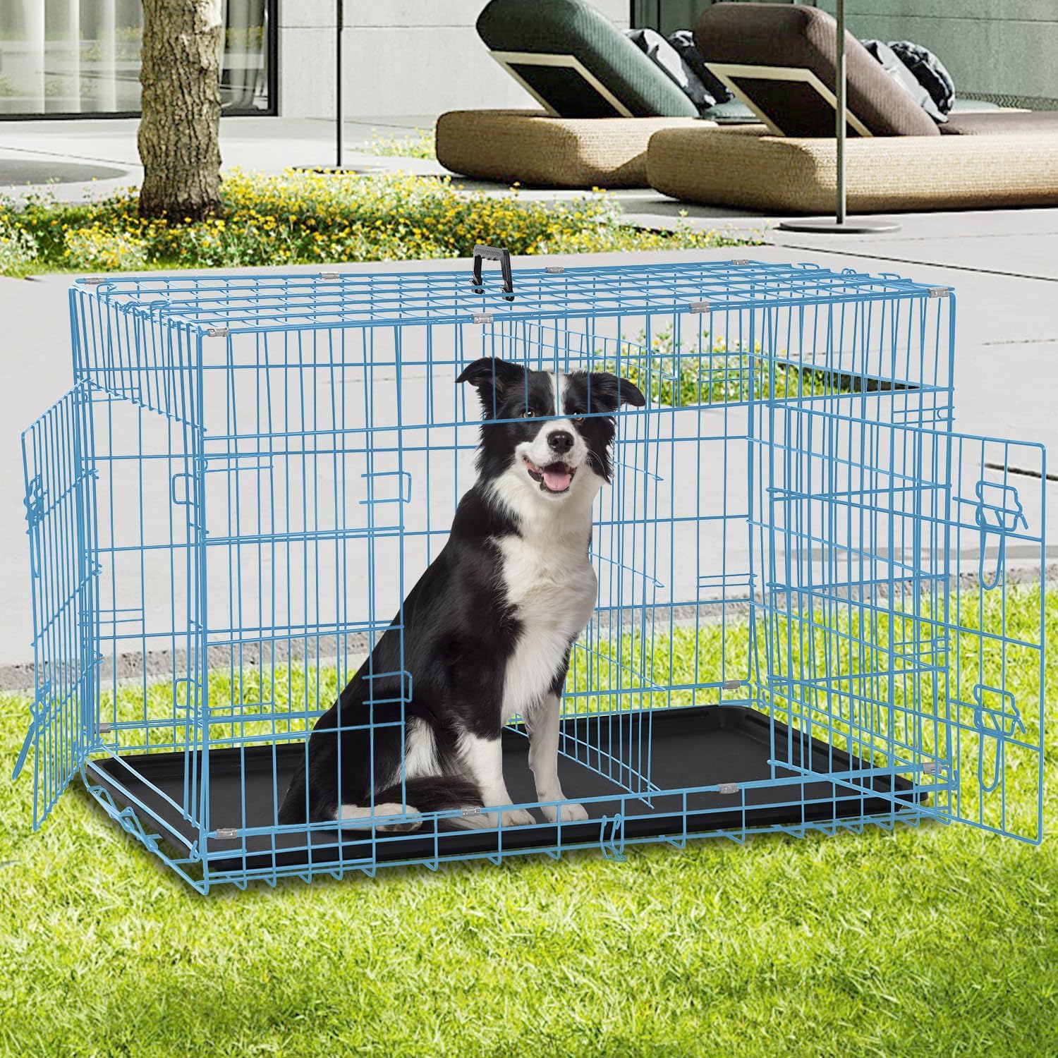 42 inch Dog Crate for Medium Large Dogs Folding Metal Dog Cage Kennel Double Door Pet Crate with Divider and Tray, Blue
