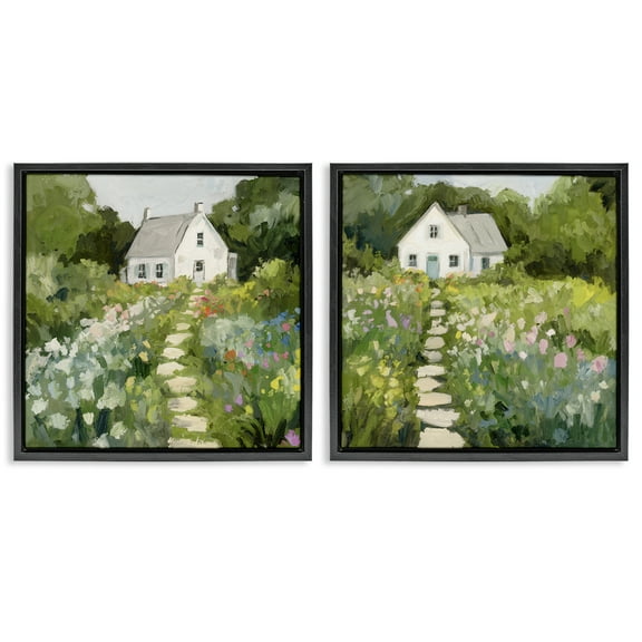Stupell Industries Cottage Upon a Hill Cottage Painting Black Floater Framed Canvas Art Print Wall Art, 18 x 18, Set of 2