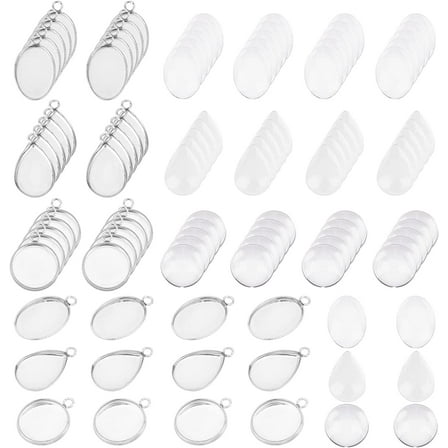 Glass 90 Sets Flat Round & Teardrop & Oval Mixed Styles Tray Pendants Making Kits 304 Stainless Steel Pendant Cabochon Settings and Clear Glass Cabochon for Necklaces Jewelry Making Glass