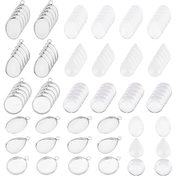 Glass 90 Sets Flat Round & Teardrop & Oval Mixed Styles Tray Pendants Making Kits 304 Stainless Steel Pendant Cabochon Settings and Clear Glass Cabochon for Necklaces Jewelry Making Glass